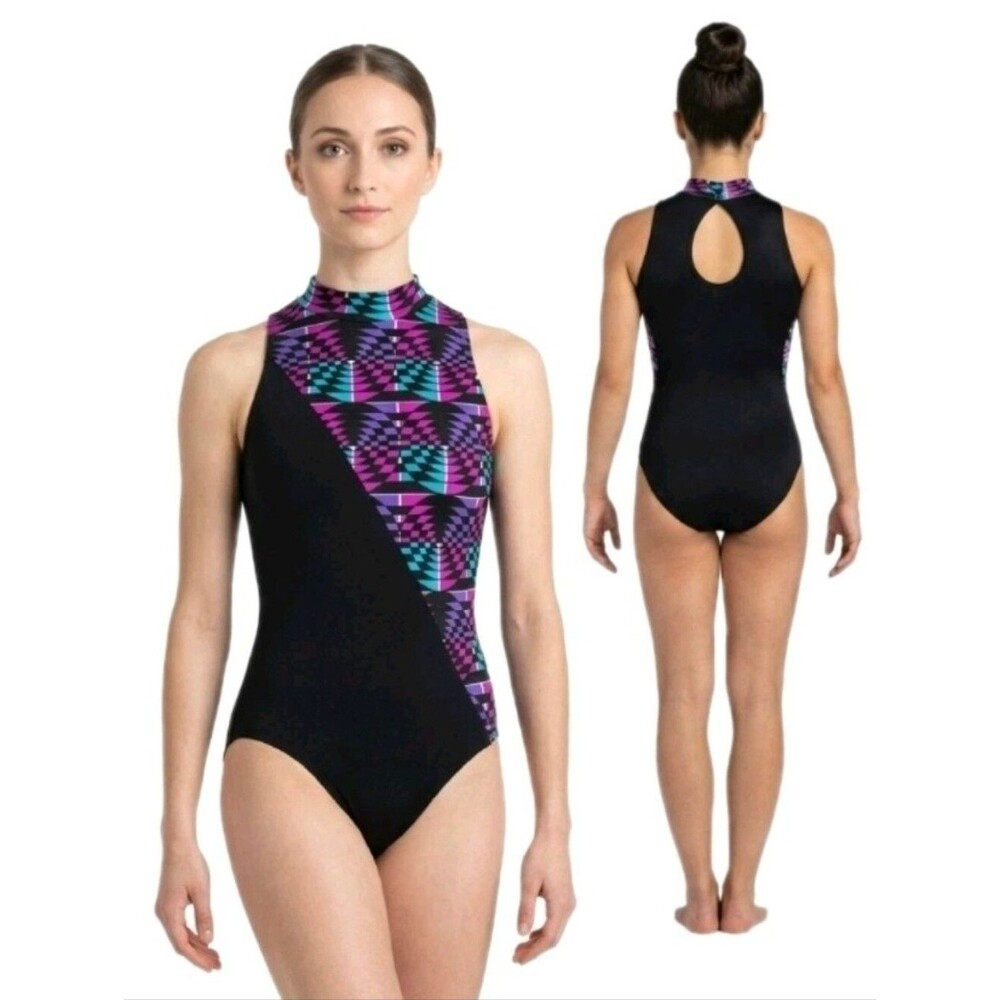 Gilda Marx VTG High Neck Keyhole Geometric Tank Leotard AXS Adult XS (Y/J) Black